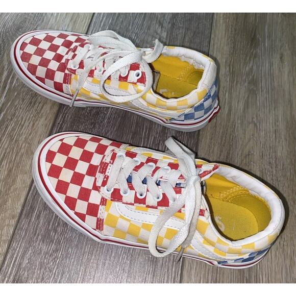 Vans Off The Wall Youth US Size 1 Red Yellow Blue Checkerboard Shoes Old Skool - Picture 6 of 10